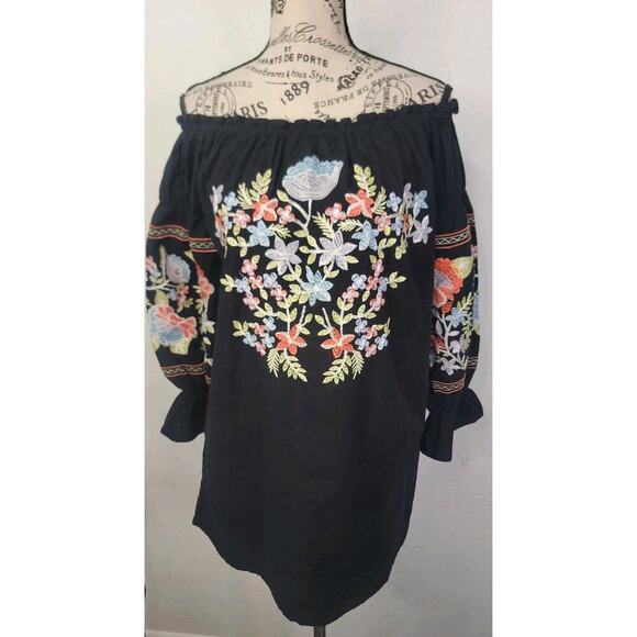 Free People Fleur Du Jour Mini Black Long Sleeve Embroidered Boho Dress Sz XS - Picture 2 of 11